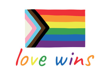 Colorful Lgbtq progress pride flag Happy pride day LGBTQ community Pride Month Vector hand drawn doodle for posters, stickers, logo, cards