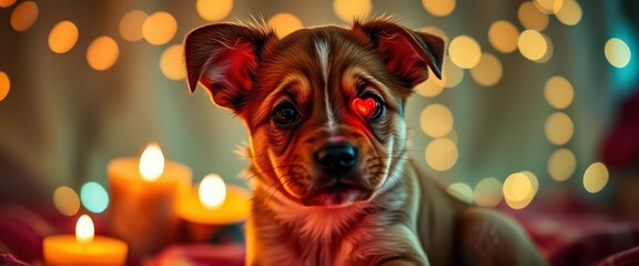 Heart-scarfed pup by flickering candlelight and fairy lights, festive, companion animal