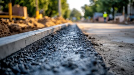 A close-up of a road construction site showing a concrete road form, ready for pouring concrete.
