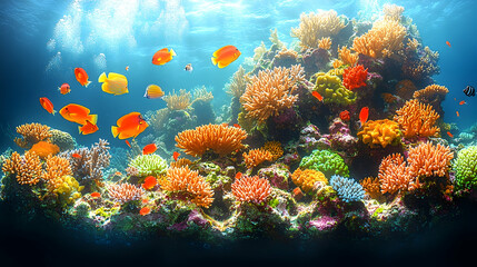 Naklejka premium A vibrant reef scene featuring various coral formations and tropical fish swimming among the colorful corals in the ocea