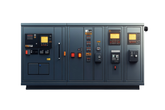 A Powerful Industrial Control Panel, A Silent Guardian Of Complex Systems, Showcasing Its Intricate Array Of Screens And Buttons Against A Stark Isolated on Transparent Background