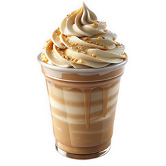 Delicious caramel-flavored dessert cup topped with creamy whipped cream and a drizzle of caramel, perfect for indulgent treats.