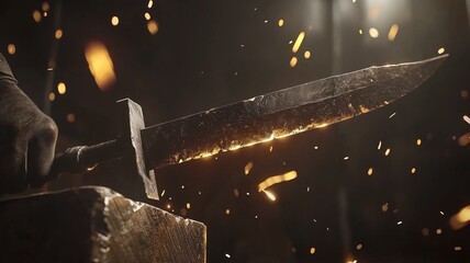 Photorealistic image of a metalsmith forging a custom knife blade with a hammer on an anvil, surrounded by tools and sparks
