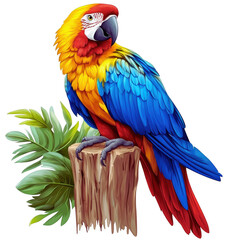 Fototapeta premium Colorful parrot perched on a tree stump in a natural setting with green foliage in the background