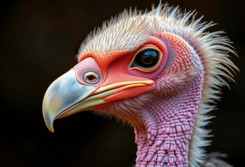 Intense close-up of a vulture's head, showing detail of feathers, beak, and eye, eye, gaze