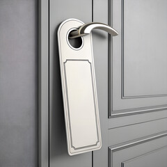 A metallic door handle is attached to a gray door with a blank sign.