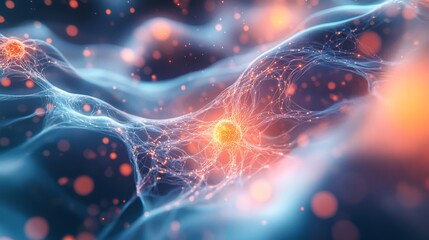 A digital abstract image of glowing neural networks on a smooth, flowing background of blended colors and soft textures 