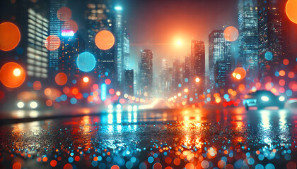 Fototapeta premium 雨に濡れた都市の夜と輝くボケ光