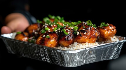 Savory, glazed balls atop rice in foil container