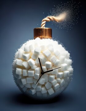 A creative, bomb-shaped sculpture made of sugar cubes, featuring a clock and a twisted fuse, symbolizing time and sweetness.