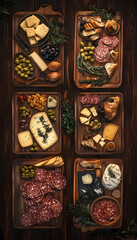 Top view of four wooden tables with selections of cheese, olives, salami, and bread  -