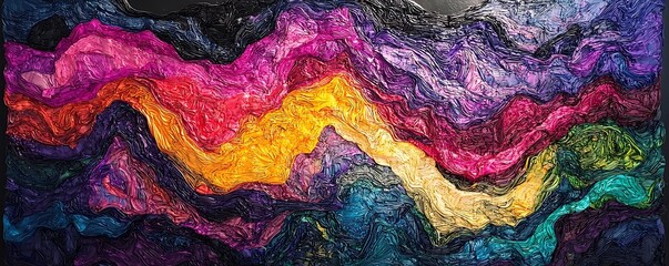 Vibrant, textured abstract landscape with flowing waves of color, evoking energy and imagination.