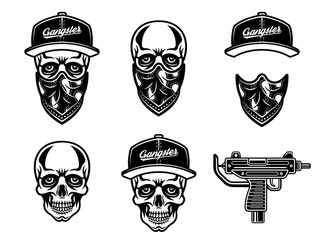 Skull of gangsters in baseball cap and bandana on face set vector objects or design elements isolated on white background