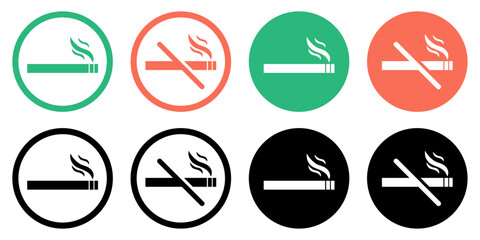 No smoking area and smoking area icons set. Smoking area and non-smoking area red, black and green template design. Prohibited signs symbol. Ban sign icons. Vector illustration.