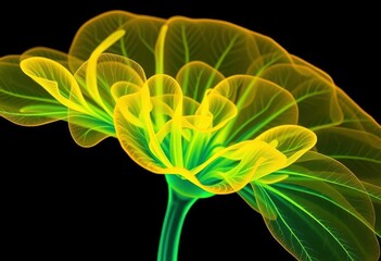 Layered X-ray view of ZZ plant, vibrant yellow & green hues, revealing intricate internal structure, art, zz plant