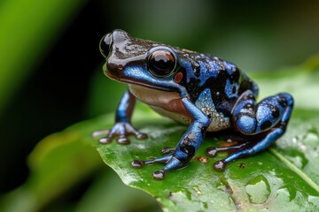 Fototapeta premium A mesmerizing blue frog resting on a green leaf, showcasing its vibrant colors and intricate patterns while surrounded by a captivating natural environment.
