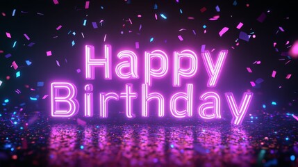 Neon happy birthday sign with colorful confetti and sparkling lights