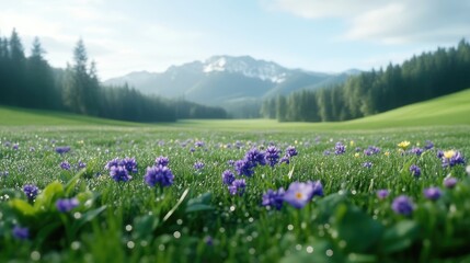 Obraz premium Lush meadow with wildflowers and mountains