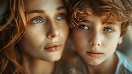 Naklejka premium Young Caucasian mother and daughter with striking blue eyes and wavy brown hair share intimate close-up moment, showcasing natural beauty and family connection.