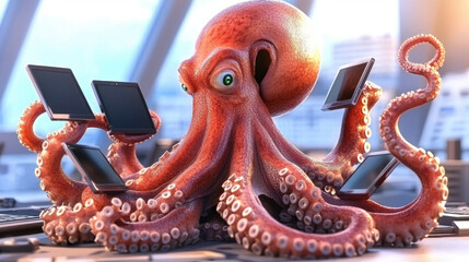 Obraz premium Octopus, technology, CEO, multiple, device, workspace greet viewers enthusiastically from busy desk environment