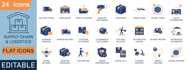 A set of 24 editable flat icons representing supply chain, logistics, shipping, and e-commerce fulfillment. Ideal for business, delivery services, warehouse automation, and global trade applications.