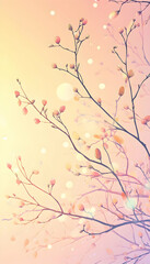 Obraz premium Ultra-wide background of softly lit spring fruit tree branches at sunrise -