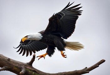 Obraz premium Majestic bald eagle in descent, talons extended, landing gracefully on a sturdy branch, bald eagle, nature