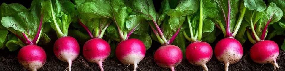 Close-Up, Freshly Picked Radishes in a Row, Homegrown and Organically Grown Vegetables