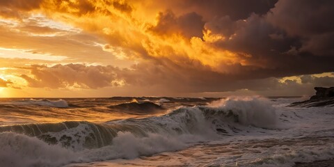 Obraz premium Dramatic sunset over ocean waves with vibrant clouds.