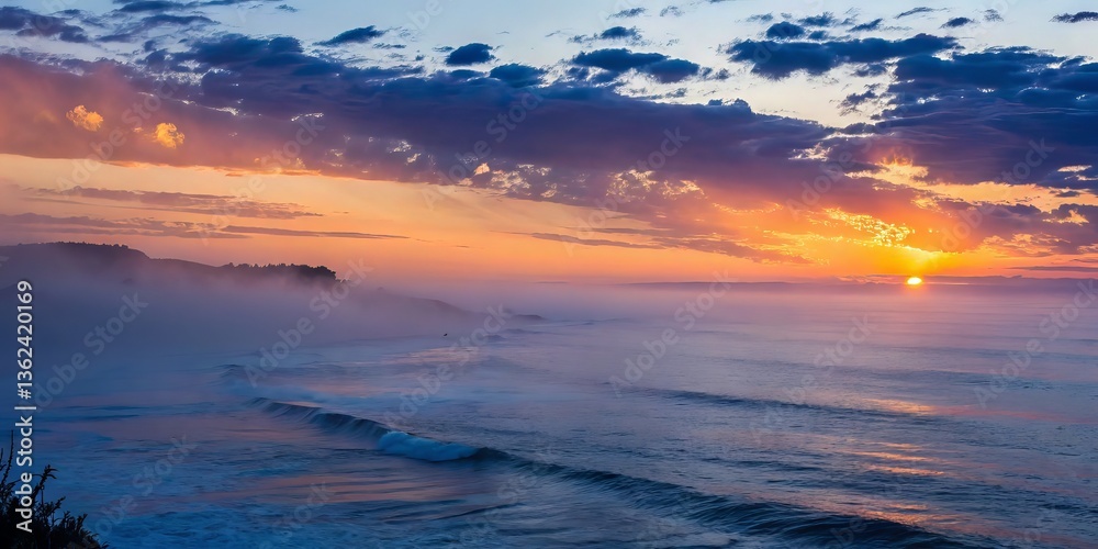 Poster serene sunset over the ocean with colorful clouds and gentle waves.