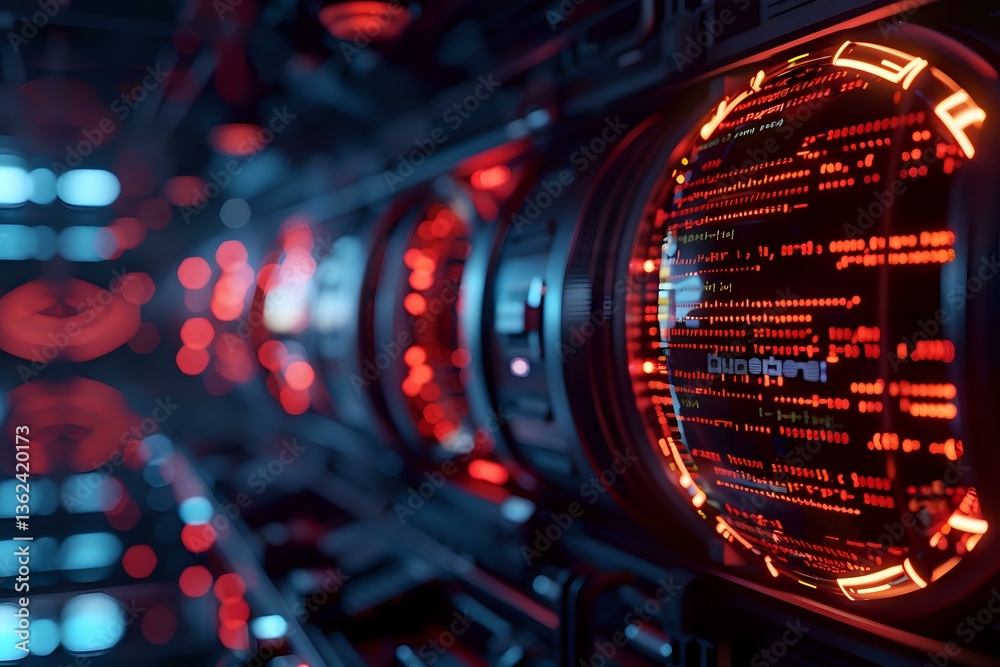 Poster futuristic cyber tunnel with glowing red digital code and binary data streams reflecting in curved g