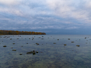 Peaceful autumn landscape at Paljassaare Peninsula in Tallinn, Estonia. The shoreline features a calm, shallow Baltic sea with scattered rocks emerging from the water. In the background autumn forest.