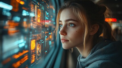 A young woman is focused on monitoring transportation data through digital displays in a control center, highlighting automation and security in logistics operations.