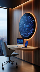 Ultra modern home office interior with futuristic digital art display and panoramic cityscape for innovative workspace design