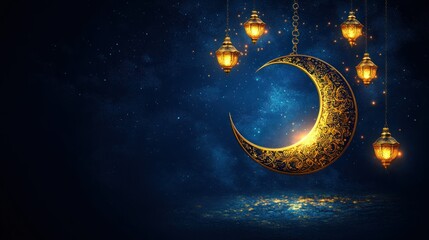 Fototapeta premium Ramadan Nights: Celestial Crescent Moon and Glowing Lanterns
