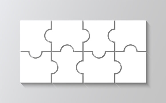 Lasercut template with 8 details. Puzzle grid template. Jigsaw pieces mosaic. Layout of thinking mosaic game. White modern background. Infographic diagram. Vector illustration.