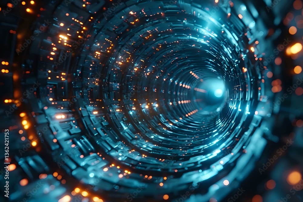 Poster futuristic circular tunnel with glowing blue light and orange particles creating dynamic motion effe
