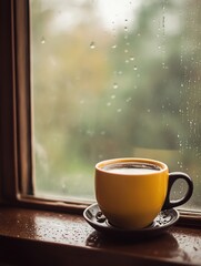 Obraz premium Cozy Coffee Cup on Rainy Windowsill with Blurred View