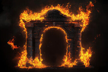 Obraz premium Fiery archway surrounded by flames, set against a dark backdrop, creating a dramatic atmosphere