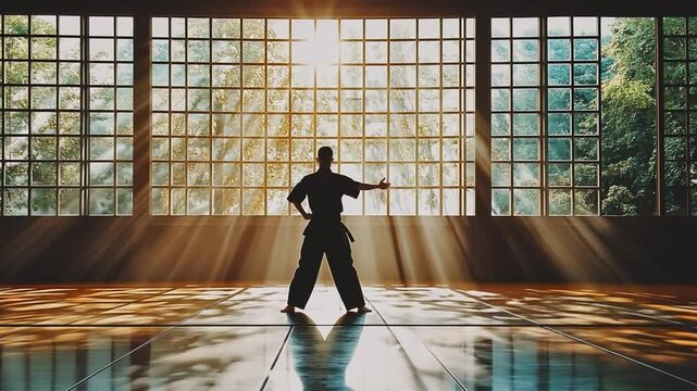 Martial Artist in Serene Dojo Practicing Kata in Sunlight Meditation and Focus