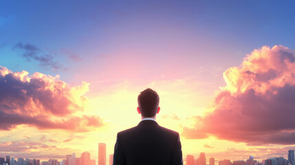 Fototapeta premium Business man suit city skyline sunrise CEO gazes ahead in glowing scene that evokes ambition and hope