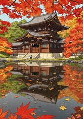 Serene autumn temple reflects perfectly in still water vibrant red leaves frame the scene. AI Generated