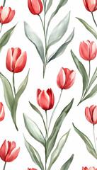 Watercolor floral vector pattern with tulips and leaves on a white background  -