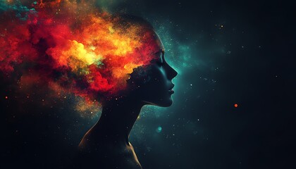 Obraz premium Abstract colorful shapes inside the silhouette of a person s head, set on a dark background, symbolizing the depth and complexity of the human mind