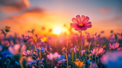 Fototapeta premium Dreamy Wildflower Meadow Vibrant Pink Cosmos in Full Bloom Under Golden Sunset, Nature Background