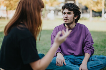 A young couple sits in a park, engaged in a sincere conversation. The man listens intently while...