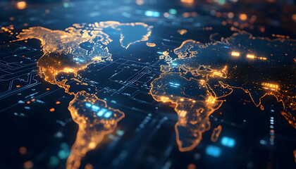 World map highlighting a continent for satellite technology concept  -