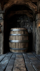 Wooden wine barrels in a cellar  -