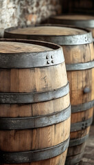 Wooden wine barrels in a cellar  -