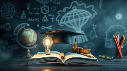 Composition showcasing education with a book graduation cap and bulb